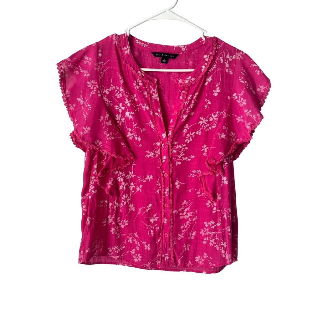Zac & Rachel Pink Floral Ruffle Sleeve Crochet Trim Button Front Blouse Small